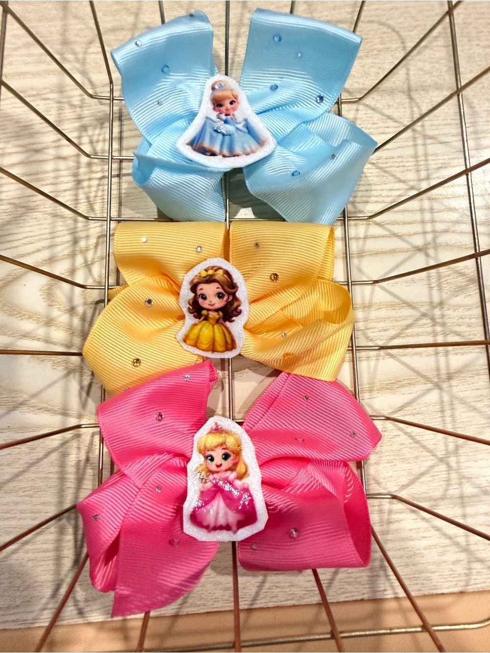 Pack of 3 Kids Princess Ribbon Hair Bows in Blue, Yellow & Pink